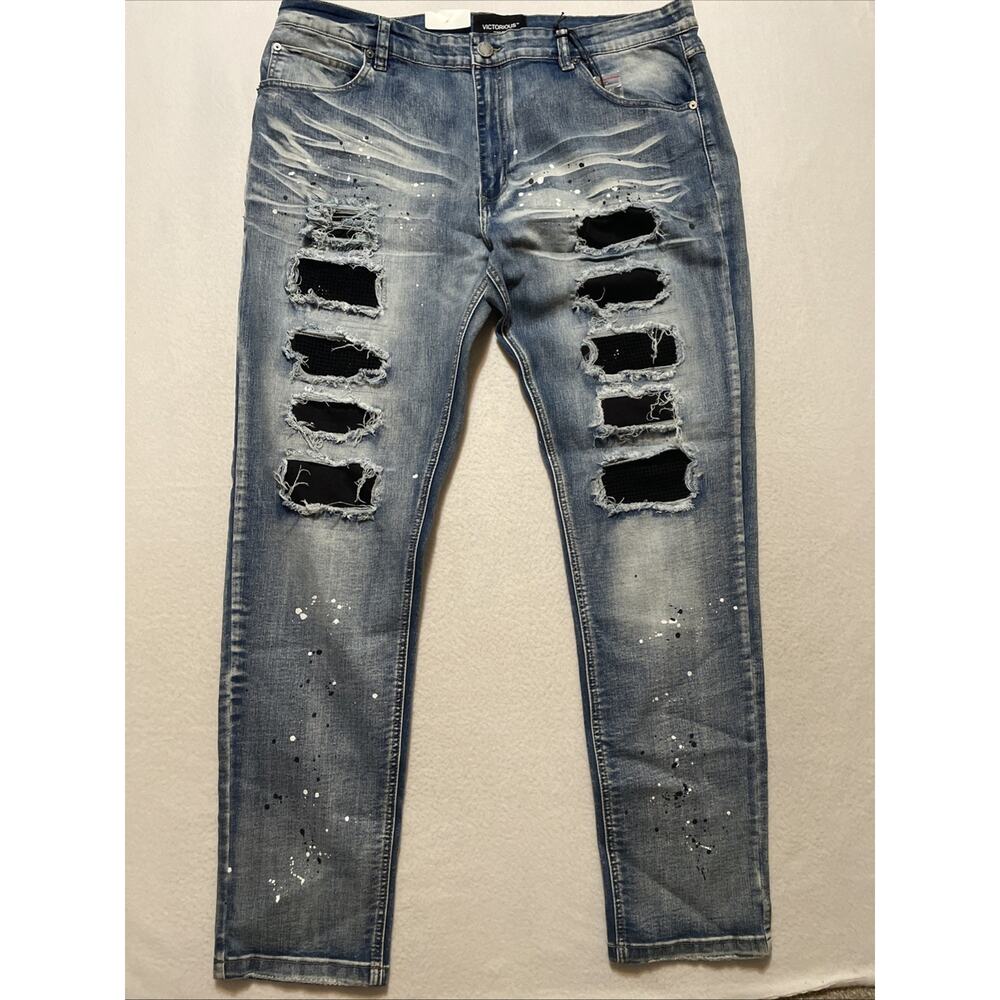 Victorious Jeans Ripped Rhinestone Skinny Leg Y2K Skater Rock Grunge 40x33 Men’s
